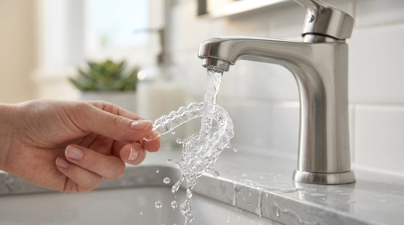 Mano sosteniendo un alineador dental bajo el agua de un grifo