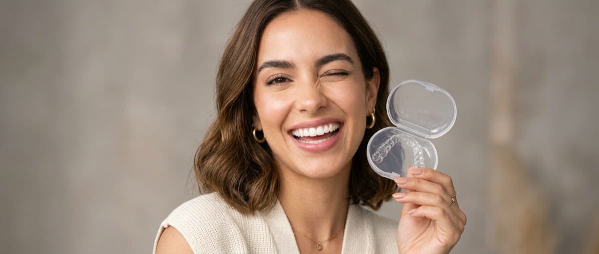 Persona sonriente con el estuche de alineadores transparentes